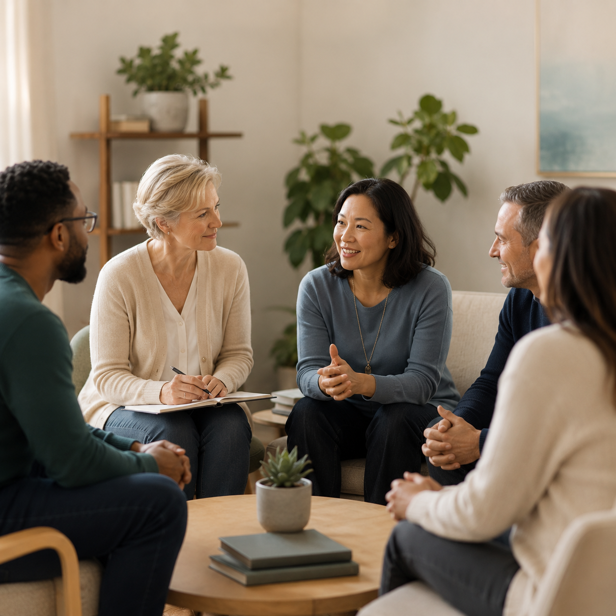 Adults engaged in a warm community-support conversation.