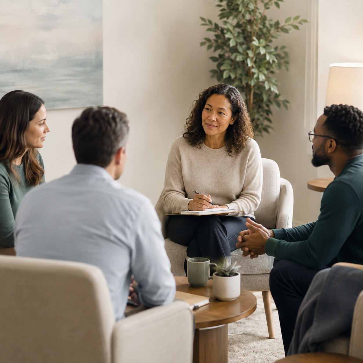 A mediator facilitating a calm conversation among adults.