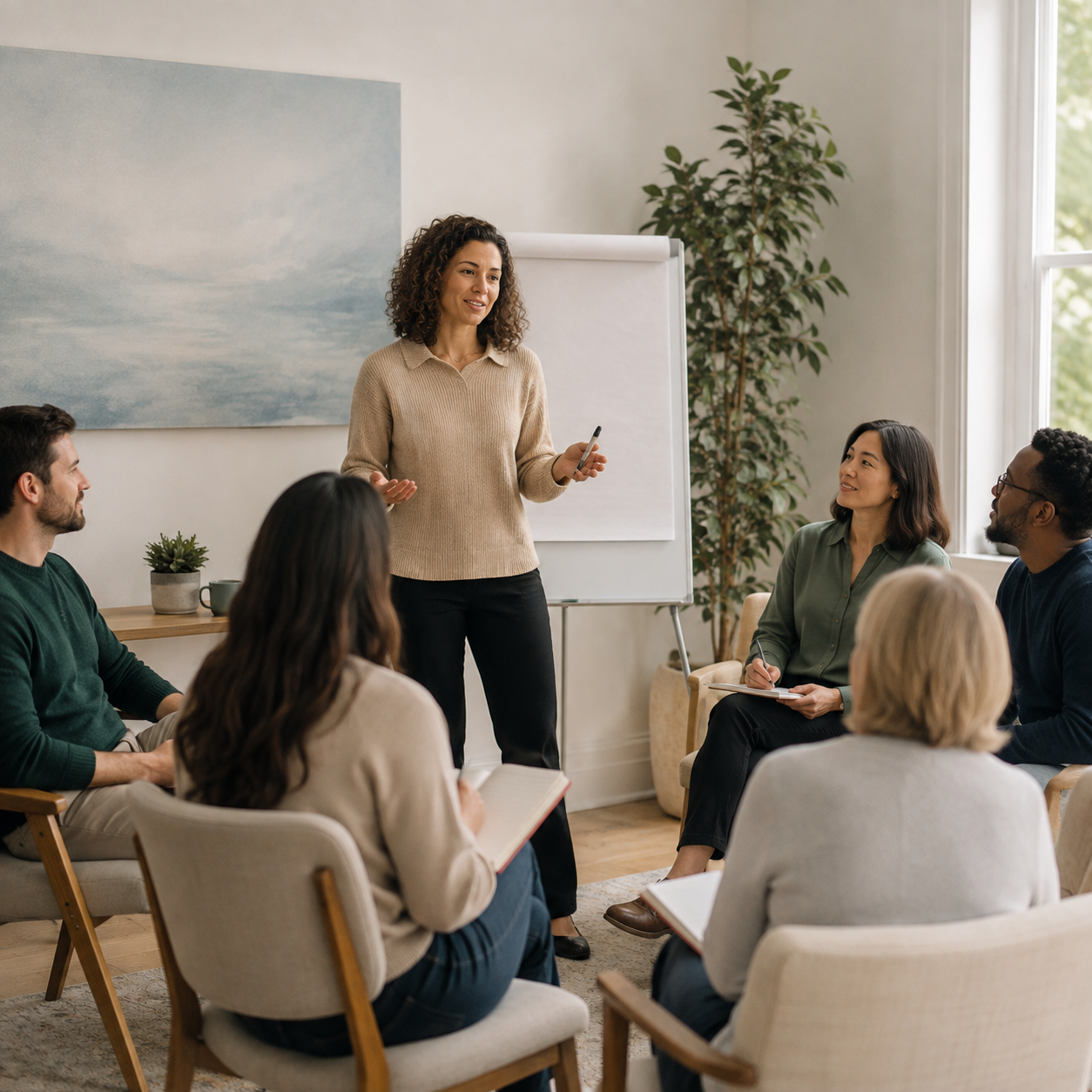 A facilitator leading a small communication skills workshop.