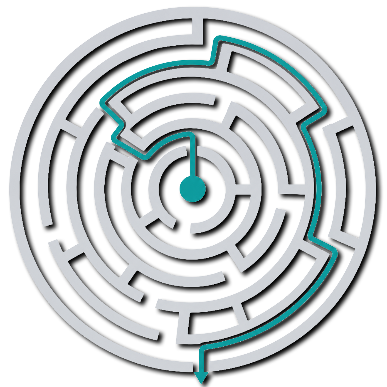 Circular maze with a highlighted path beginning at the center and exiting the maze
