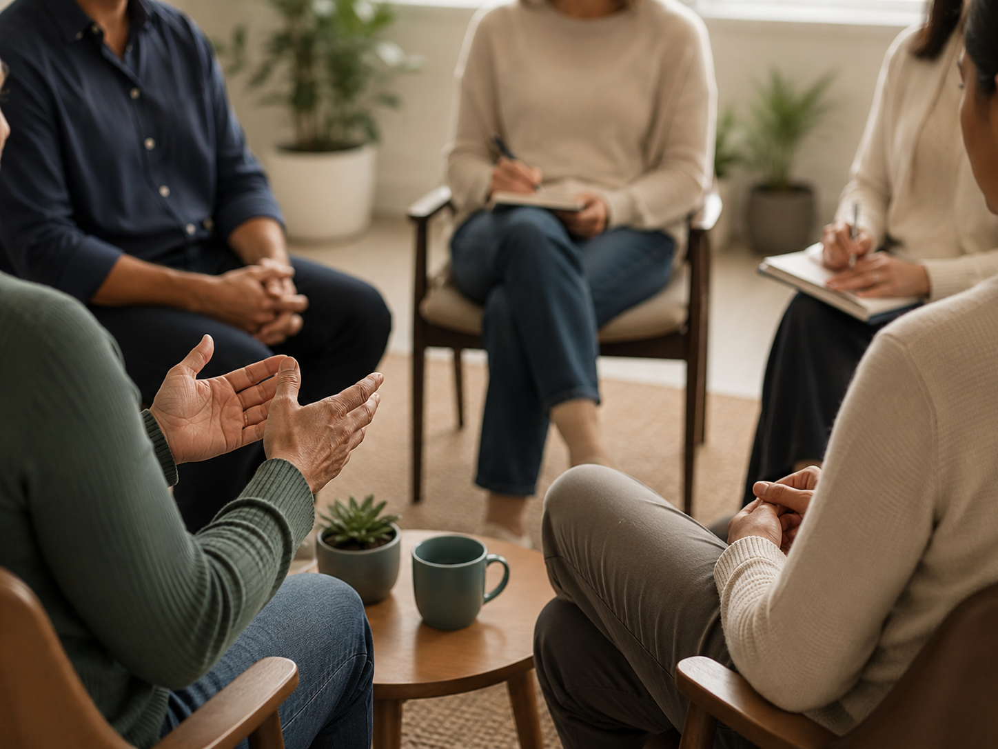 People participating in a facilitated restorative conversation